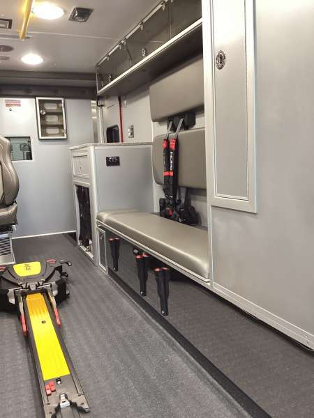 Photo of Algonquin Fire Department new delivery interior shot showcasing various cabinets and devices.