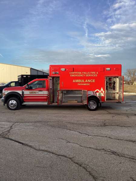 Photo of New Delivery for Chippewa Falls ambulance showcasing the vehicle outside.
