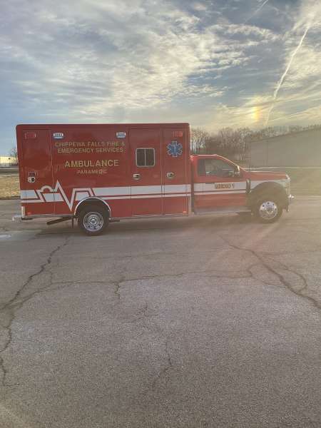 Photo of New Delivery for Chippewa Falls ambulance showcasing the vehicle outside.