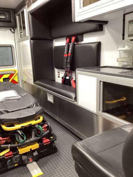 Photo of Logan County Paramedics new delivery showcasing the interior of the vehicle and it's features.