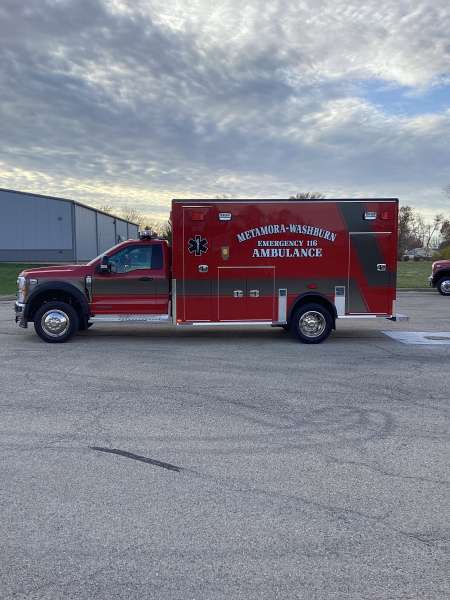 Photo of Metamora-Washburn Ambulance new delivery showcasing the exterior and all of its features.