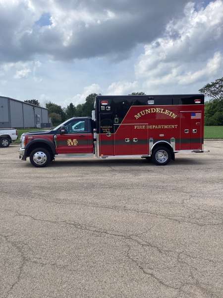 Photo of New Delivery Mundelein Fire Department outside view of the ambulance.