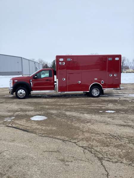 Photo of New Naperville Fire Department delivery outside showcasing the exterior of the vehicle with a snowy background.