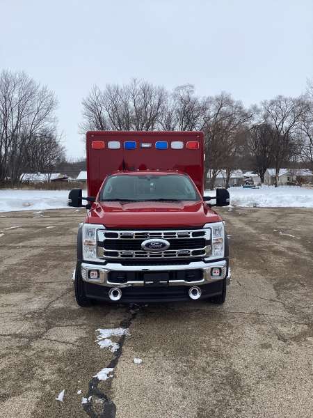 Photo of New Naperville Fire Department delivery outside showcasing the exterior of the vehicle with a snowy background.