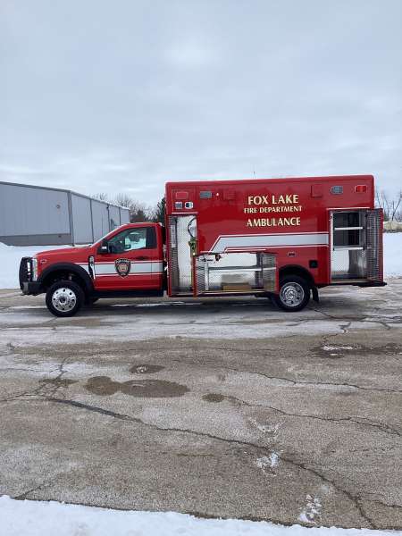 Photo of Fox Lake Fire Department exterior shot of new delivery with snow on the ground.