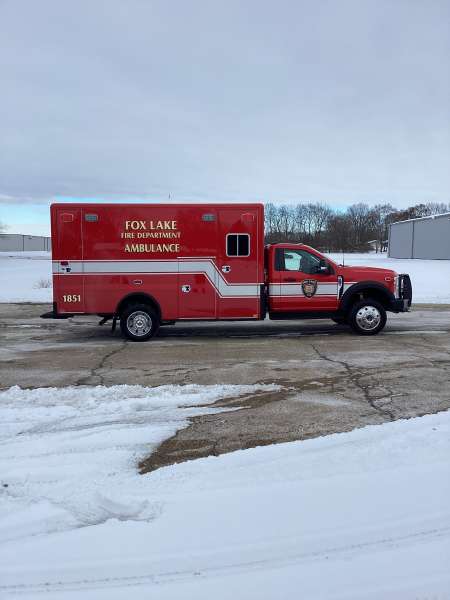 Photo of Fox Lake Fire Department exterior shot of new delivery with snow on the ground.