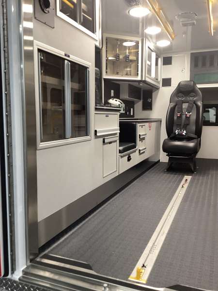 Photo of Walnut Fire Department interior view of the new ambulance delivery showcasing various equipment and cabintry