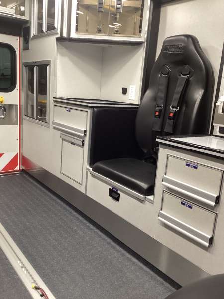 Photo of Walnut Fire Department interior view of the new ambulance delivery showcasing various equipment and cabintry