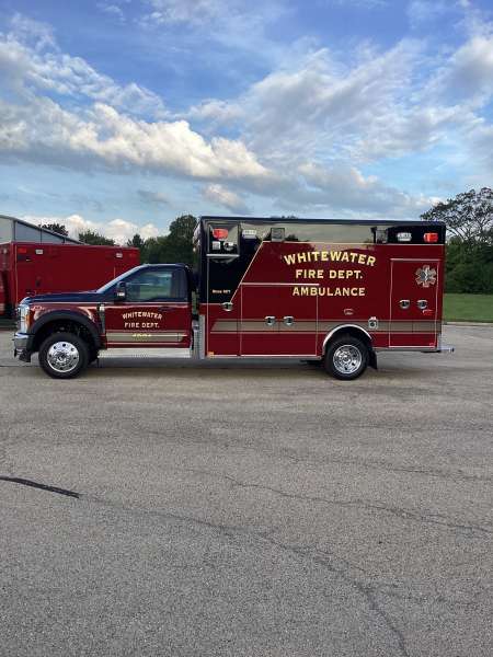 Photo of New Delivery Whitewater Fire Department Outside showcasing the new ambulance.