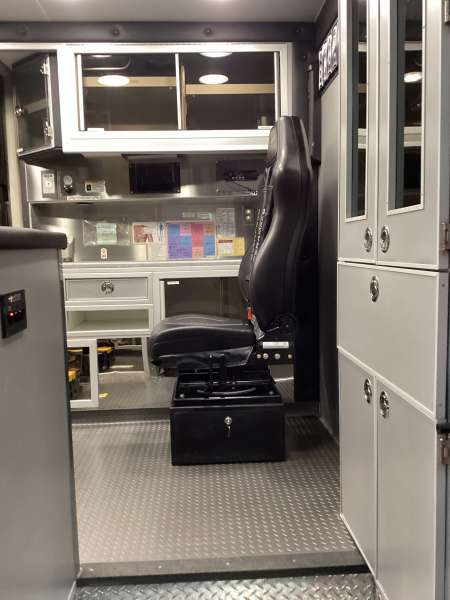 Photo of Foster Coach new delivery for East Joliet Fire showcasing the interior and cabin of the new vehicle.