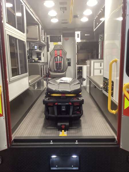 Photo of Interior view of the ambulance patient care area.