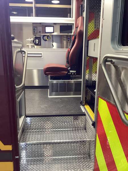 Photo of Interior view of the ambulance patient care area.